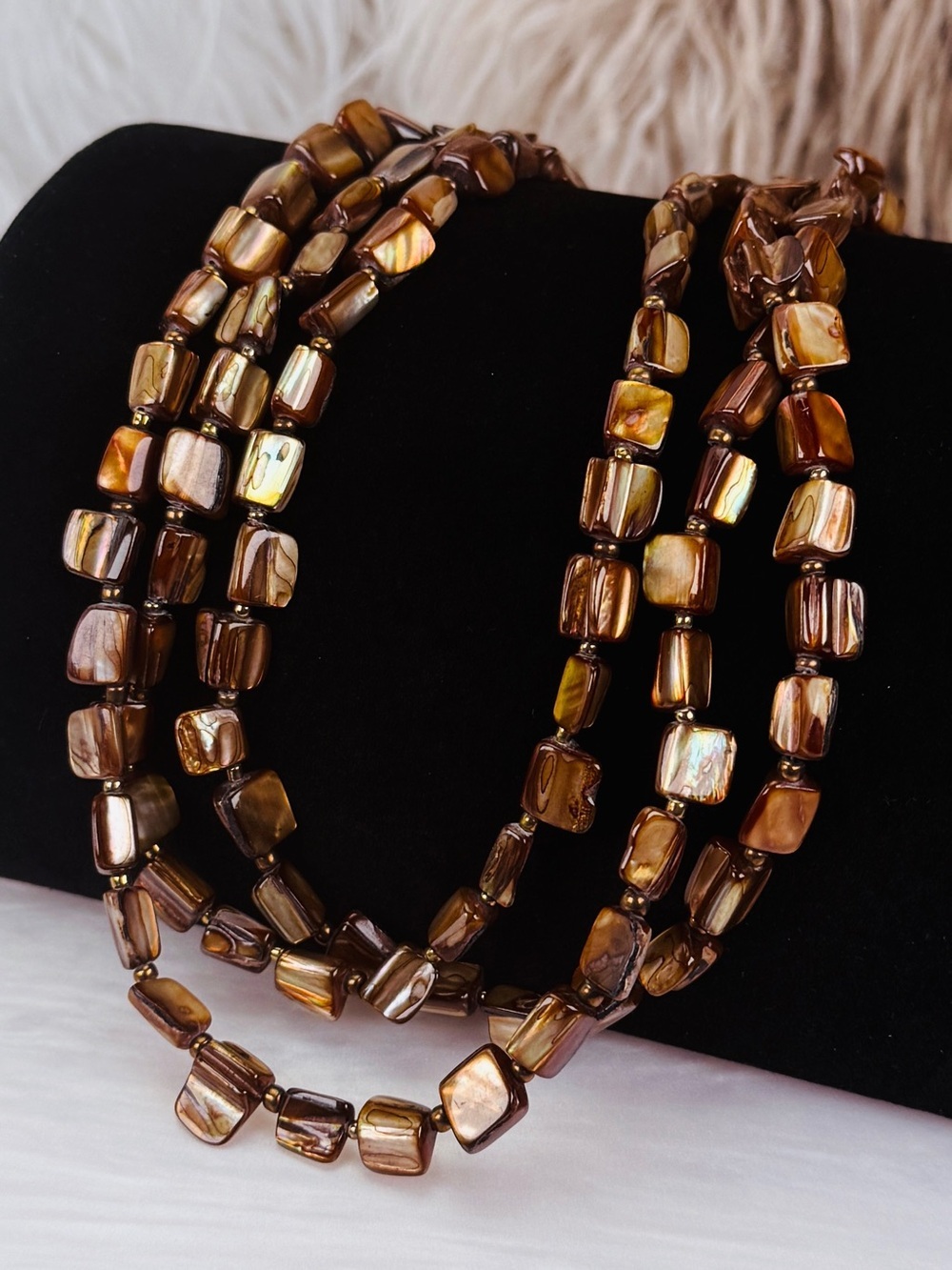 Beautiful, vintage, Brown, earthtone, four strand weighted costume necklace